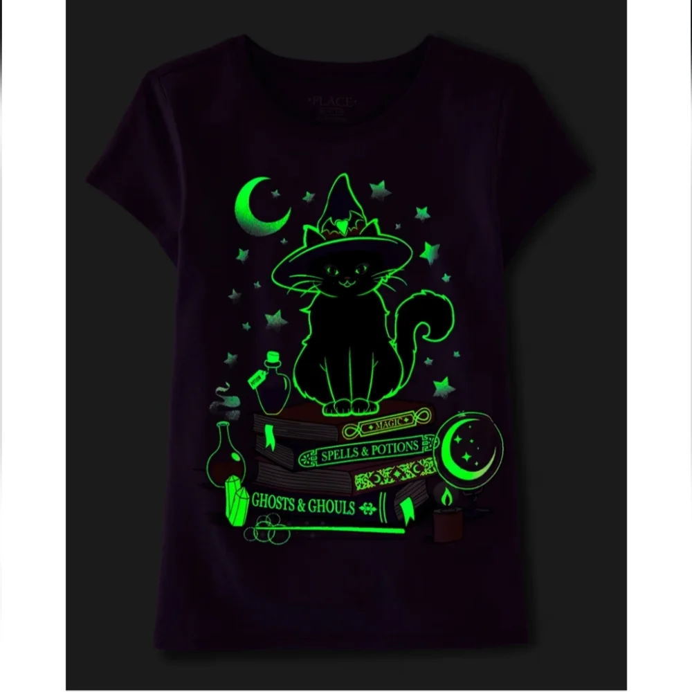 Girls Glow In The Dark Black Cat Witch Graphic Tee Size XL - Picture 2 of 11